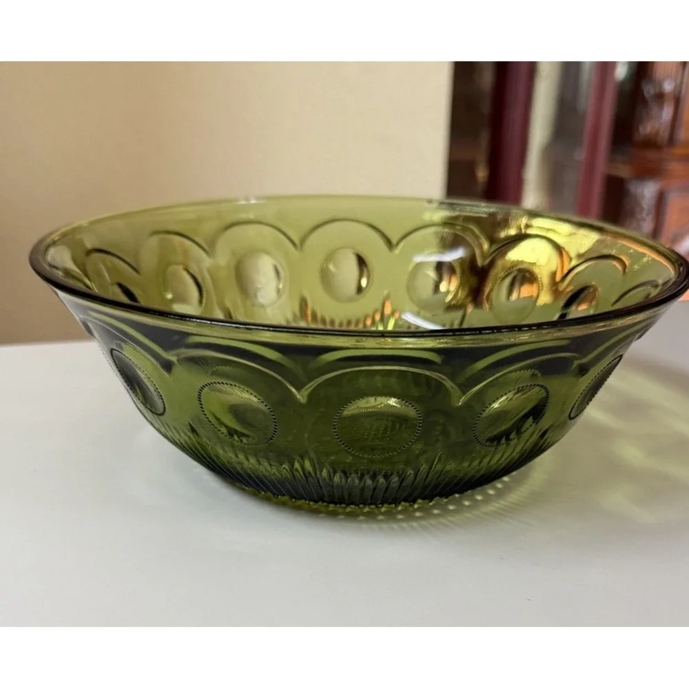 Vintage Green Glass Bartlett Collins Manhattan‎ Bullseye Serving Bowl Dish 8.5x3